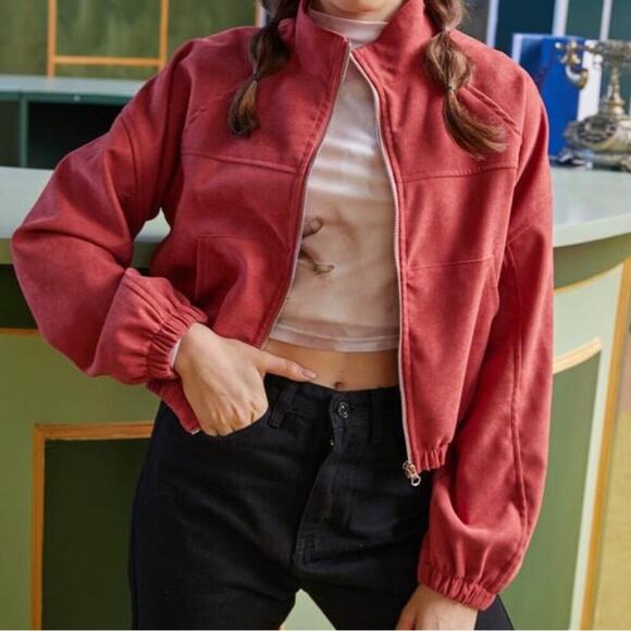 Romwe corduroy full zip jacket watermelon red color size small/4 long sleeve - Picture 1 of 8